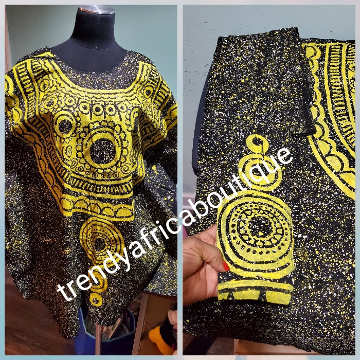 Size L/XLarge Latest Adire leggings and top.. Classic tie and  dye set for that casual outing is here for purchase. Leggings is stretchy to fit up to Large.  Black/yellow.