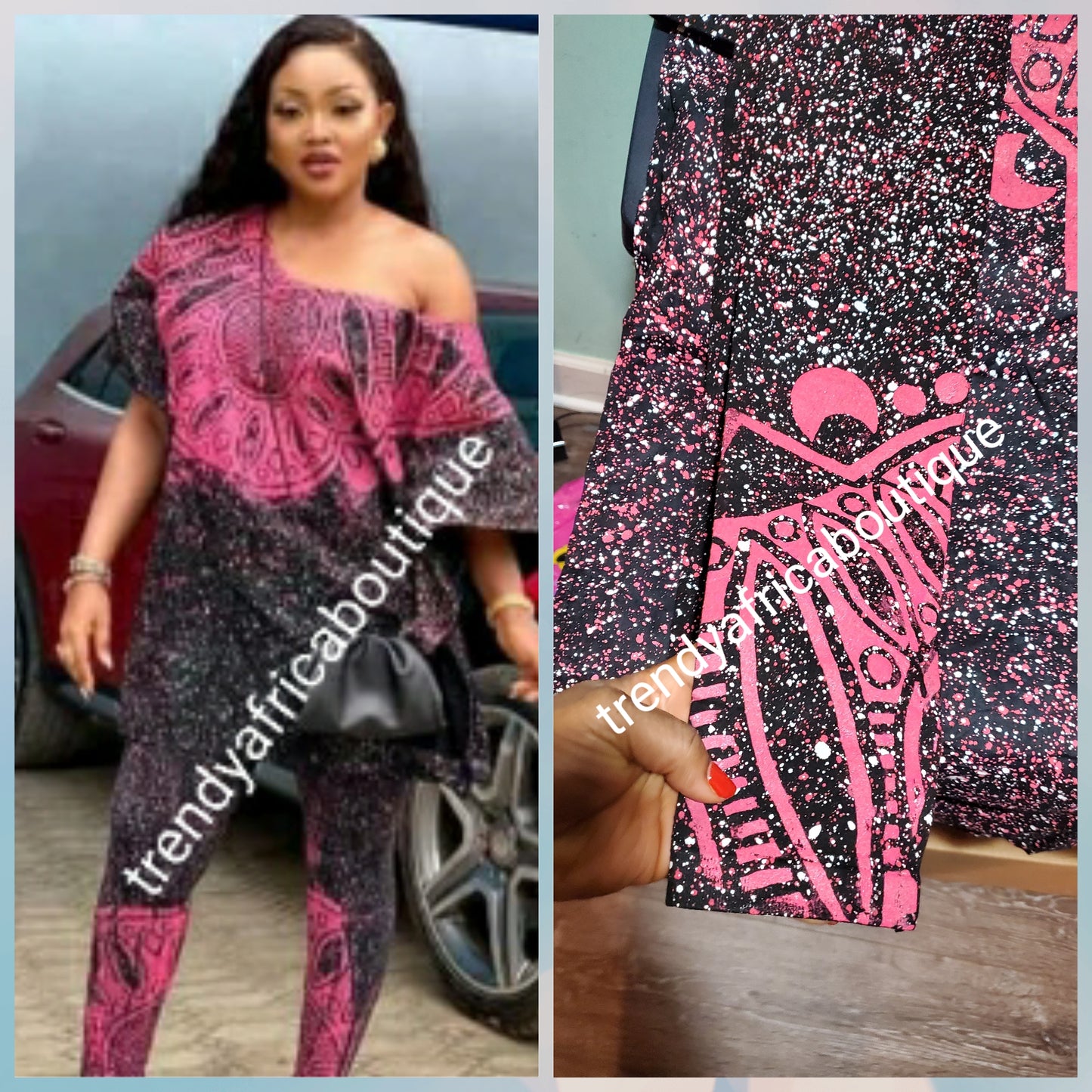 sale sale: africa Adire, Latest Adire leggings and top. One size fit up XL/1XL. Classic tie dye set for that casual outing is here for purchase. Leggings is stretchy to fit up XL/1XL. Black/fuschia pink
