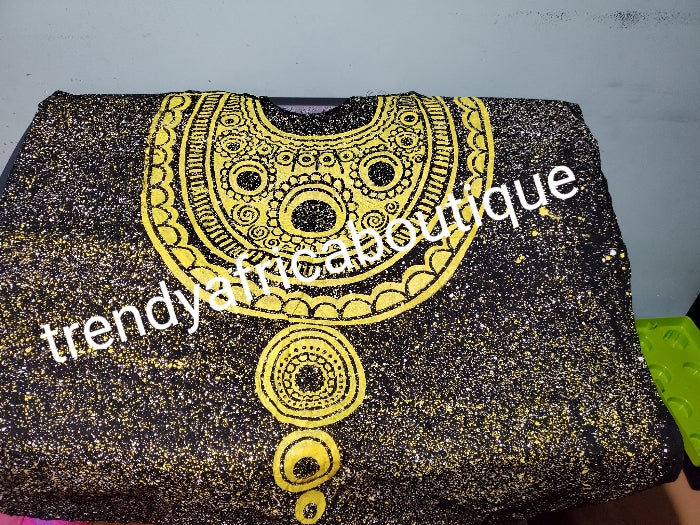 Latest Adire leggings and top. One size fit up to 1XL. Classic tie and  dye set for that casual outing is here for purchase. Leggings is stretchy to fit up to XL/1XL.  Black/yellow.