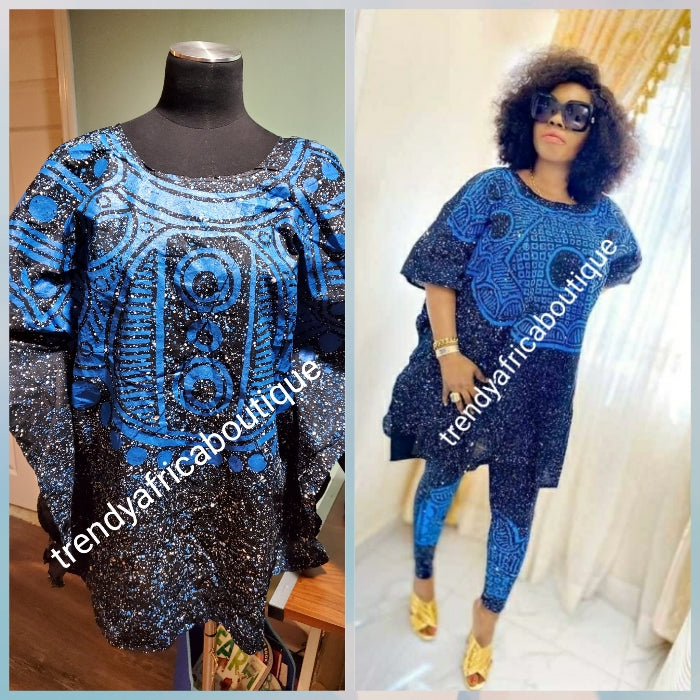 Sale sale: Latest Adire leggings and top. One size fit up to S/M Classic tie and  dye set for that casual outing is here: look classy with this latest adire set. Leggings is stretchy to fit M/L  Black/royal blue