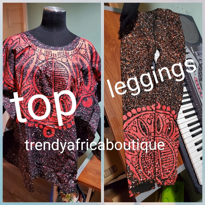 Sale sale: Latest Adire leggings and top. One size fit up to M/L Classic tie and  dye set for that casual outing is here: look classy with this latest adire set. Leggings is stretchy to fit M/L  Black/Orange set