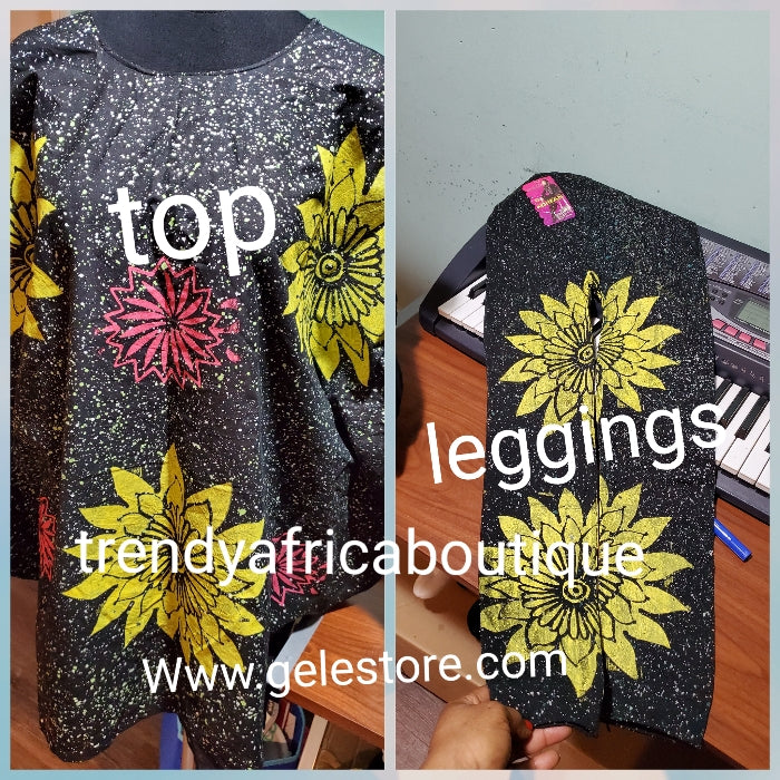 Sale sale: Latest Adire leggings and top. One size fit up to M/L Classic tie and  dye set for that casual outing is here: look classy with this latest adire set. Leggings is stretchy to fit M/L  Black/peach/yellow set