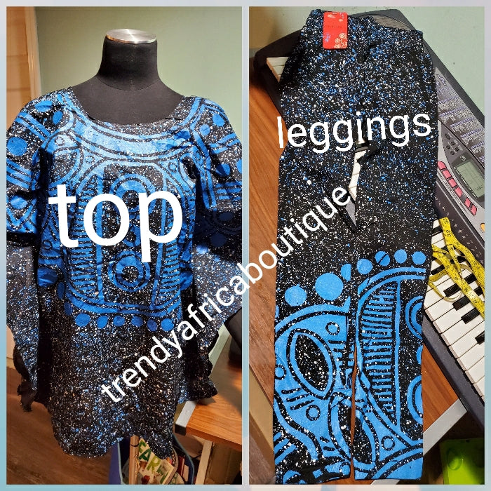 Sale sale: Latest Adire leggings and top. One size fit up to S/M Classic tie and  dye set for that casual outing is here: look classy with this latest adire set. Leggings is stretchy to fit M/L  Black/royal blue