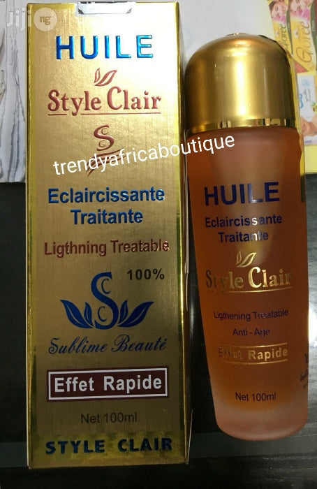 Back in stock!! Style Claire oil. For all skin type and color; Amazing Treatment oil that treat, restore damage skin. Anti aging, anti stretch marks, sun burn etc.Leaving your skin clear, bright and glowing. 100ml bottle. Mix with body lotion or cream