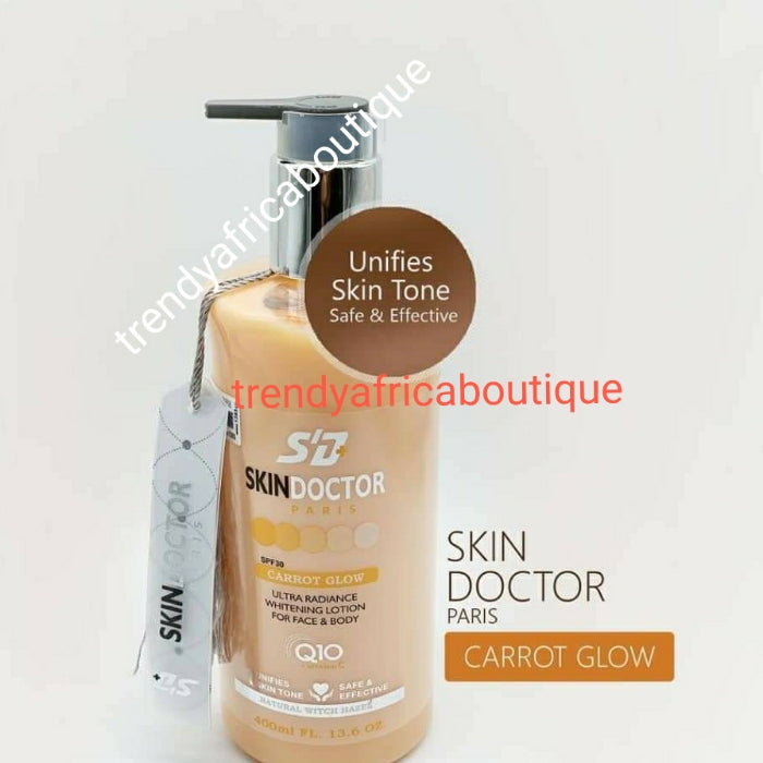 Skin Doctor Carrot Glow face and body lotion with intense whitening effect on face and body, 400ml. Formulated with all natural formula to lighten and brighten  and Glow your skin. Hydroquinone free!! Your skin will thank you!!