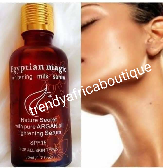 BACK IN STOCK!! Egyptian magic whitening milk serum with pure Argan oil. Clarify and removes blemishes from your skin. SPF 15. 50ml bottle. Mix thoroughly with your lotion and use 2 times a dayBa