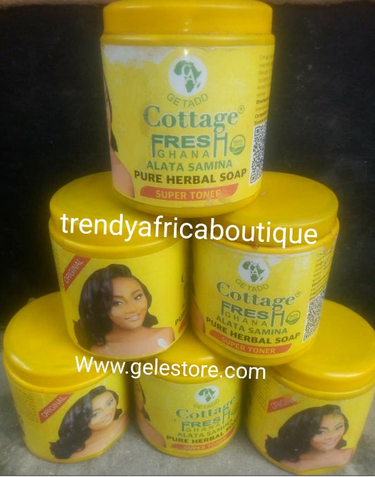 Original GETADD cottage fresh Ghana Alata Samina Pure Herbal soap, "super toner" for all skin type. Pure organic black soap with natural ingredients to remove pimples, stretch marks and glow your skin. 500g jar