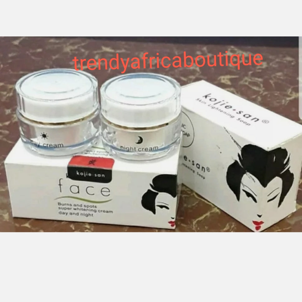 Original Kojie San day + Night face cream. Whitening face cream formulated to target black spot and sun burn. Apply to affected spot after clearing.