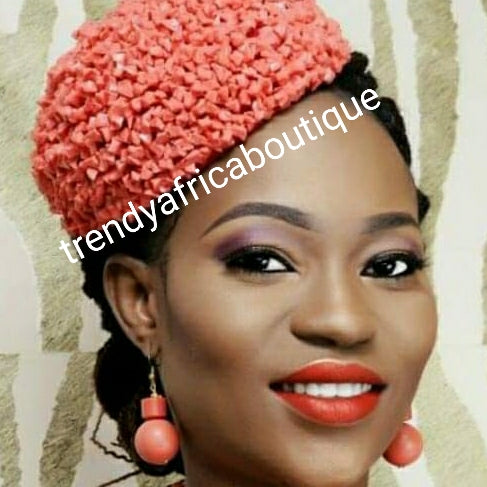 Nigerian Traditional wedding Bridal Beaded cap.  Edo/Igbo  Bridal Accessories of coral/gold cap. Edo wedding/traditional bridal beaded cap