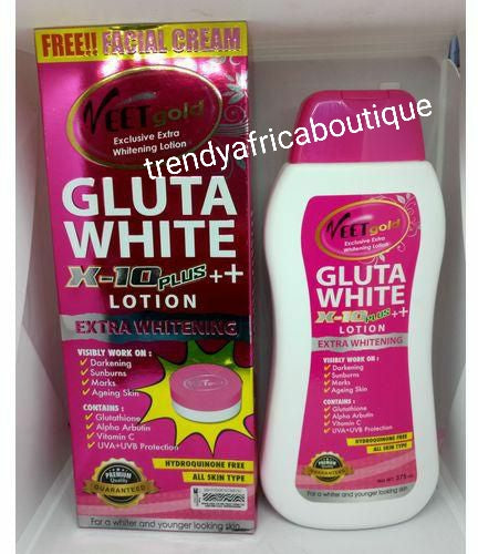 Veet Gold Gluta white X-10 plus extra whitening body lotion. 500ml. Glutathion, alpha Arbutin+ vitamin C. Visibly work to fade skin blemishes, lighten and brighten your skin. 500ml