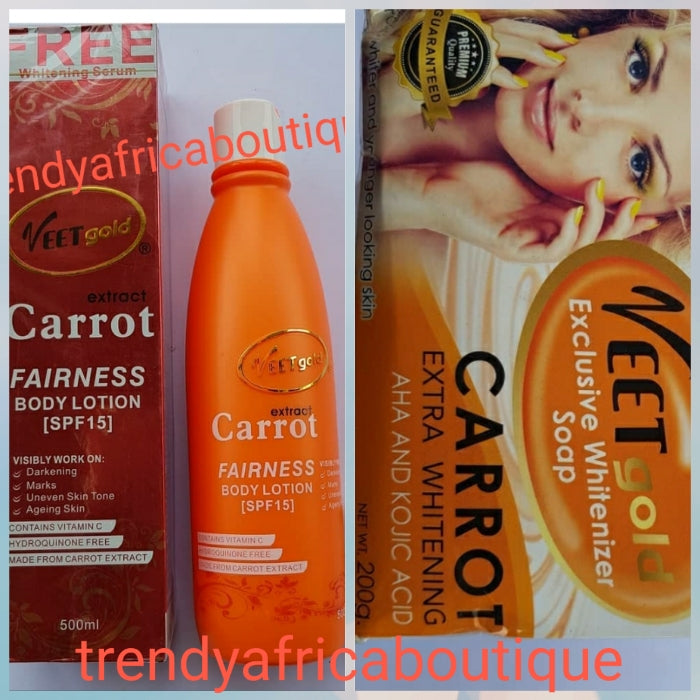 Combo sale: Veet gold Carrot extracts whitening & firming body lotion 500ml + veet gold carrot exclusive whitenizer AHA and kojic acid