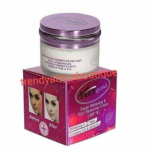Veet gold  face whitening face cream formulated with Arbutin, Vitamin A, C, carrot oil, ginseng etc. anti aging, wrinkles, black spot etc. You will love your face!!
