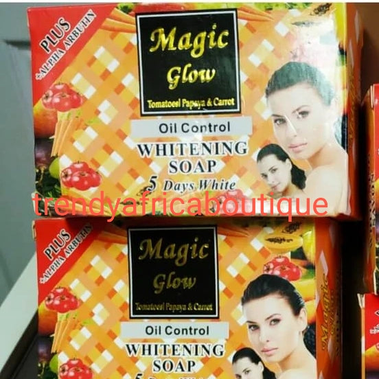 Magic Glow oil control whitening facial soap. 5 days white. For a smoother, brighter and lighter complexion 150g bar x1. Alpha arbutin plus papaya and carrot extracts