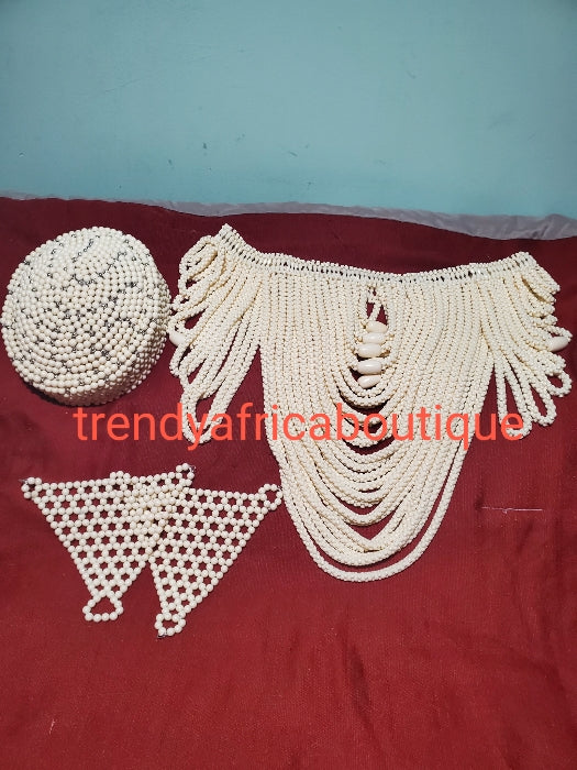 3 pcs set of ivory Nigerian Traditional wedding Bridal Beaded blouse (shawl) , cap, + hand gloves. Edo/Igbo  Bridal Accessories. Sold as a set, price is for the set.