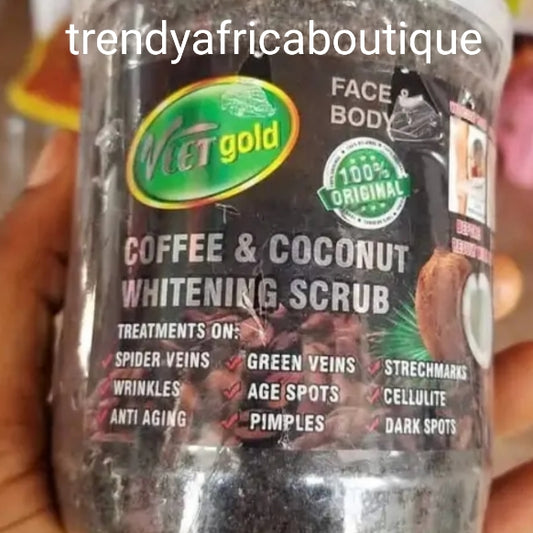 Super effective scrub: Veet Gold  Coffee & coconut face & body scrub for all skin type. Organic scrub activity work skin blemishes such as pimples, stretch marks etc. 500g jar.