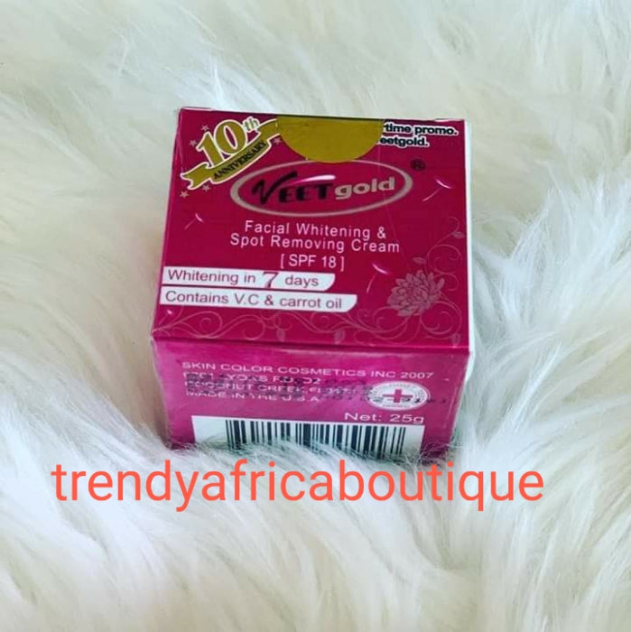 Veet gold  face whitening face cream formulated with Arbutin, Vitamin A, C, carrot oil, ginseng etc. anti aging, wrinkles, black spot etc. You will love your face!!