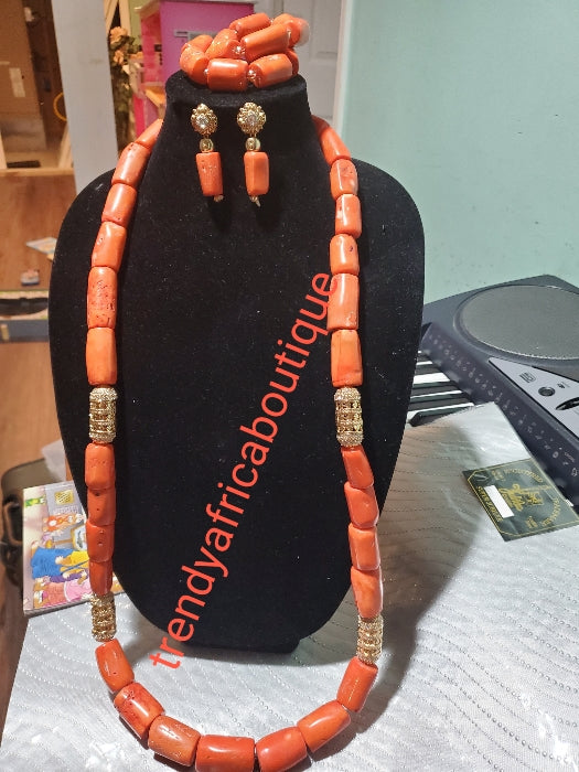 3 pcs. Nigerian/Edo traditional wedding Coral beads set. long, Chunky original edo wedding necklace + 2 bracelets, + earring. Sold as a set