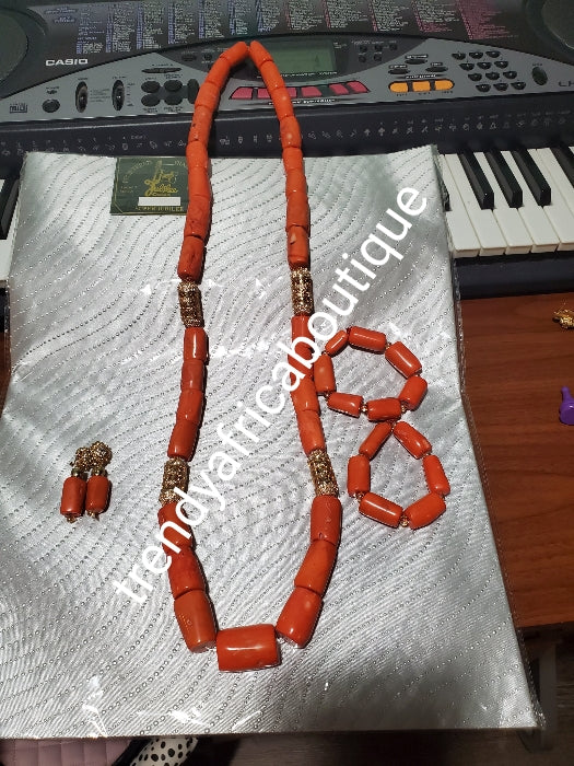 3 pcs. Nigerian/Edo traditional wedding Coral beads set. long, Chunky original edo wedding necklace + 2 bracelets, + earring. Sold as a set