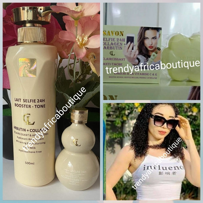 3pcs set of Lait selfie 24h booster tone body lotion 500ml, soap, and serum. Achieve uniform stainless and natural whitening skin glow with modern whitening natural ingredients.  Glutathion, Arbutin + collagen.  100% satisfaction