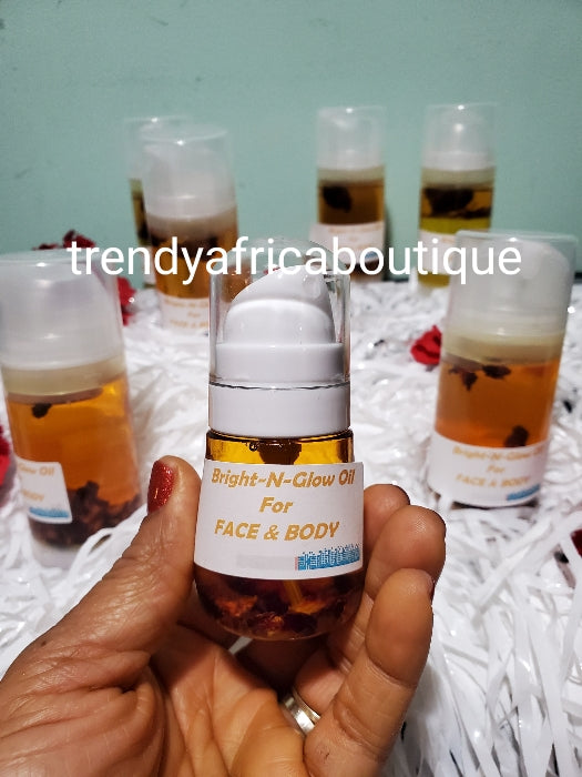 Bright-N-Glow face and body oil. 7 in 1 Glow oil, fades dark spots, stretch marks and scars. Formulated with Glutathion, turmeric + 5 other oils. available in 100ml, or 50ml.