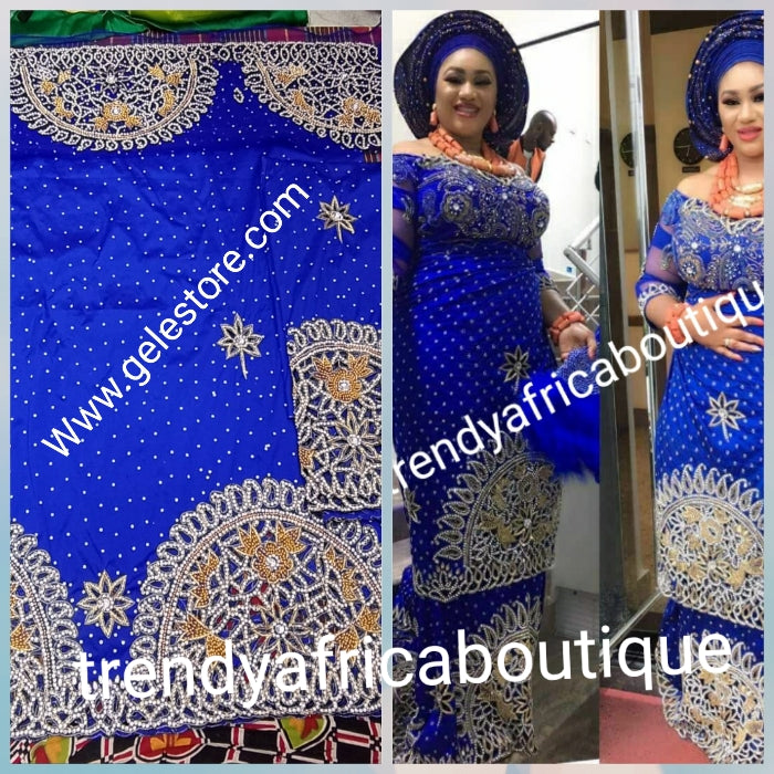 Ready to ship: Royal blue VIP hand beaded and stoned Nigerian traditional Celebrant George wrapper with matching blouse. Niger/Delta/Igbo women Georges. Quality George wrapper for high society party. Sold as set of 2 wrapper +1.8yds blouse