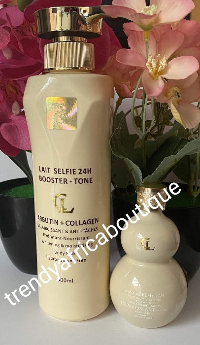 3pcs set of Lait selfie 24h booster tone body lotion 500ml, soap, and serum. Achieve uniform stainless and natural whitening skin glow with modern whitening natural ingredients.  Glutathion, Arbutin + collagen.  100% satisfaction