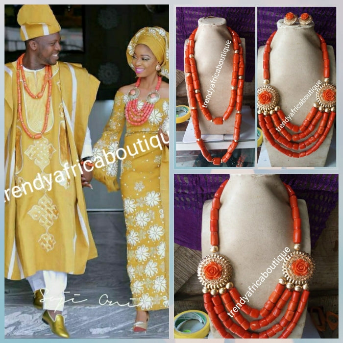 Ready to ship Edo Coral-necklace set for husband and wife. Beautiful rose petal broch + earrings the  lady necklace set. bracelet and matching Ring for Nigerian Traditional ceremony. Special price, Sold as a set