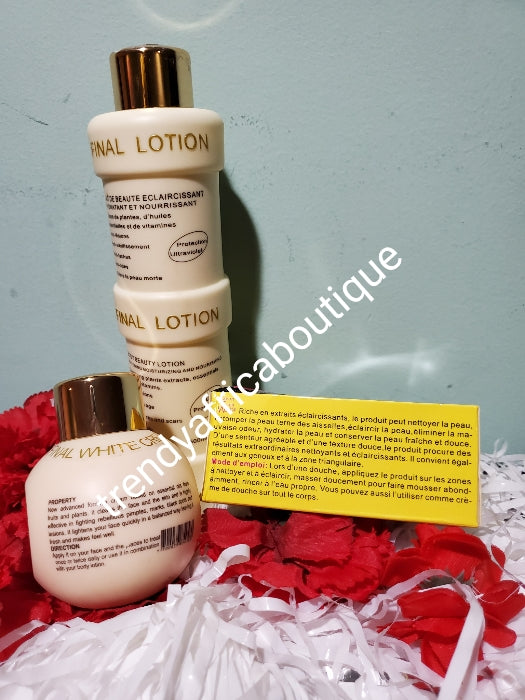 Final lotion combo set. New advanced formula contains plant extracts that evens and maintain your natural skin tone. gently fades away dark spots, wrinkles, age spots and marks. Body lotion 500ml, face cream, & soap.