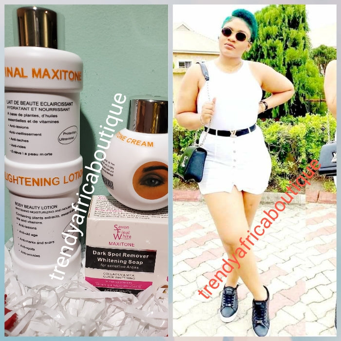 Original final Maxitone lotion set: lotion 500ml,  face cream and soap 200g. formulated with natural ingredients + plant extracts. Whitening/brighten the skin safely. 500ml body lotion.  You will be happy with your skin!