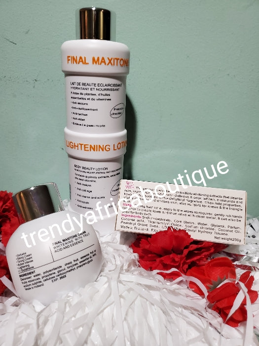 Original final Maxitone lotion set: lotion 500ml,  face cream and soap 200g. formulated with natural ingredients + plant extracts. Whitening/brighten the skin safely. 500ml body lotion.  You will be happy with your skin!