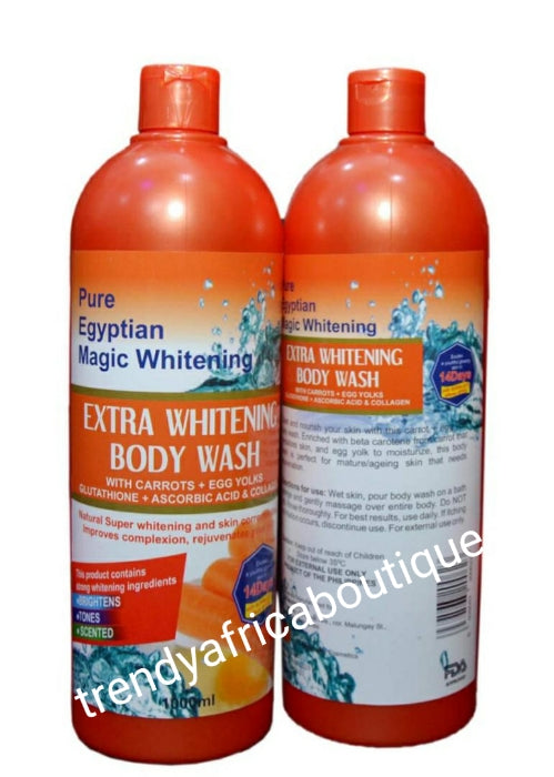 Pure Egyptian magic gold  extra whitening shower wash. With carrots + egg yolk and glutathione, ascorbic acid + collagen 1000mx1l