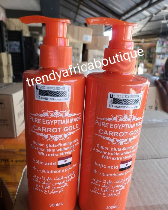 New and improved Pure Egyptian magic  carrot gold lotion, advance skin wightening milk extra strenght 300ml. Kojic acid and glutathion powder. Hydroquinone free!!