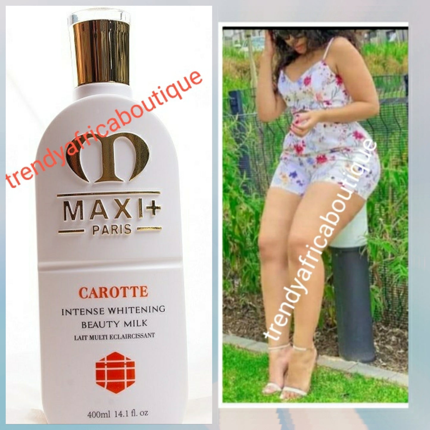 Maxi+ carotte intense whitening beauty milk 400ml; fomulated to treat, whiten and glow your skin. Body lotion that gives you that beautiful yellow undertone!!