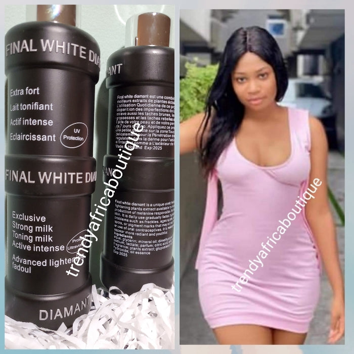 Final white diamant New advanced formula contains plant extracts, that evens, maintaining your natural skin tone. Gradually fades away dark spots, wrinkles, age spots and marks. This body lotion even out skin tone. 500ml bottle.