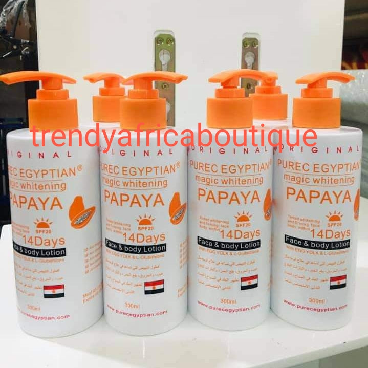 BACK IN STOCK!! Original Purec Egyptian magic whitening papaya lotion 300ml.  Fast action lightening for face and body. Formulated with natural ingredients. Hydroquinone free!!