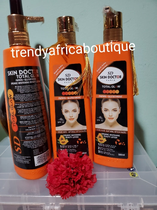 Skin Doctor Total Glow Bio-Schönheitsmilch zum Aufhellen mit Papaya und Glutathion, 500 ml-Flasche x 1. Strahlende Körperlotion