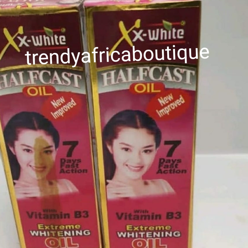 XX- white Half cast serum/oil. 7 days action with vitamin B3, glutathion, alphin, AHA. Extra whitening oil 60ml x 1 boytle sale. Anti wrinkles l, pimples, stains and scars.