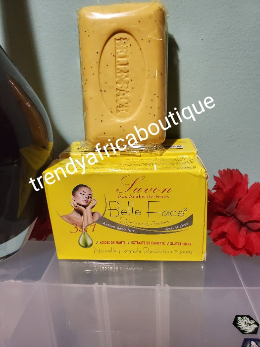 Belle face 3 in 1 whitening and treatment soap. Fast action. Formulated with carrote extract and fruit acid. 200g bar ×1 soap sale.