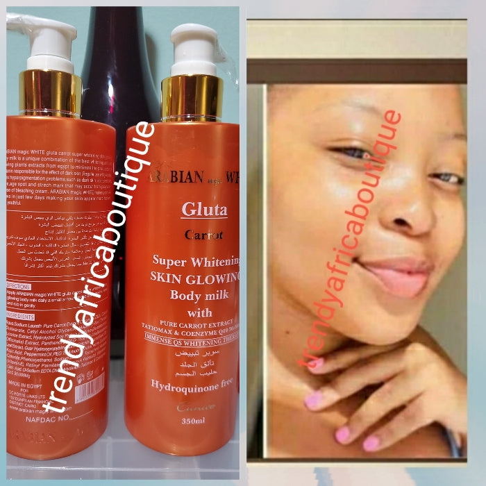 2 in 1 Arabian magic white Gluta carrot and Arabian white vit. C oil. super skin whitening and glowing body lotion 350ml. Formulated with carrots extracts+ skin glowing ingredients