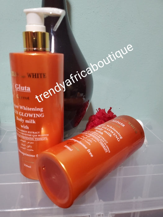 Arabian magic white. Gluta carrot super skin whitening and glowing body lotion 350ml. Formulated with carrots extracts+ skin glowing ingredients