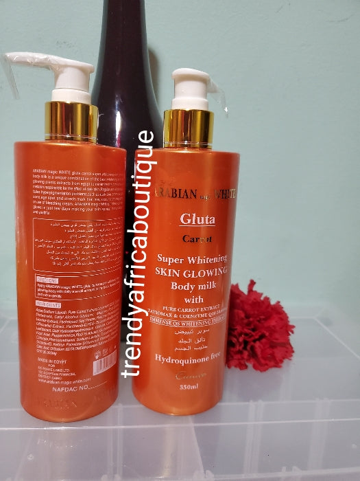 Arabian magic white. Gluta carrot super skin whitening and glowing body lotion 350ml. Formulated with carrots extracts+ skin glowing ingredients