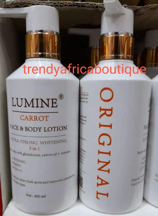 Lumine Carrot face and body lotion 400ml. Extra strong whitening 3 in 1 with glutathione, carrot extracts + tomato. Spf 50. Firming and glowing