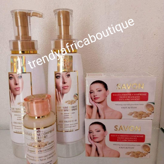 4in 1 combo set:  Original lait teint Diamant glutathion comprime whitening set: body lotion 500ml, face cream 30g,  soap, serum. Formulated with glutathion tablet, alpha arbutin, Vitamin C to give you that natural whitening glow