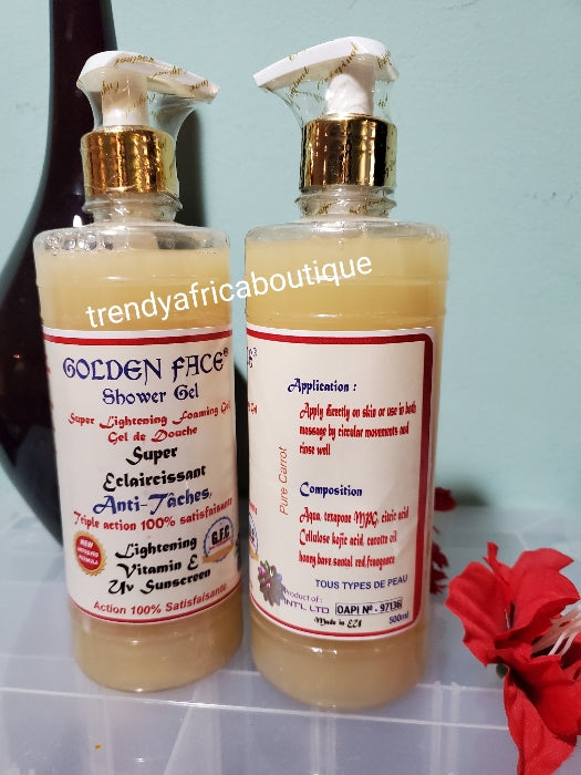 Original Golden face shower gel. Super ecclaircissant anti stains.. triple action satisfaction 500ml. New and improved formula.