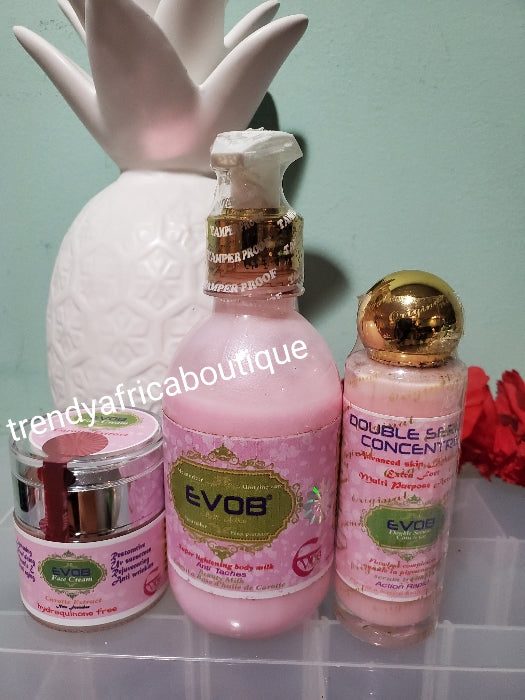 ORIGINAL 3pc. Evob skin whitening/lighening set combo of body lotion 250ml, double concrete serum 60ml and super facial treatment facecxream 50g. FAST ACTION SET!!!