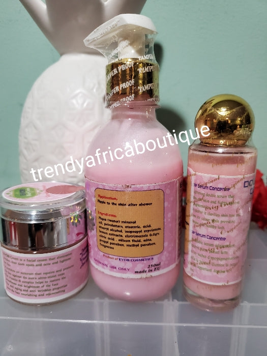 ORIGINAL 3pc. Evob skin whitening/lighening set combo of body lotion 250ml, double concrete serum 60ml and super facial treatment facecxream 50g. FAST ACTION SET!!!