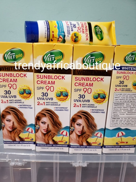 Veetgold whitening sun block cream with  spf 90, anti aging, anti wrinkles properties. 150ml tube