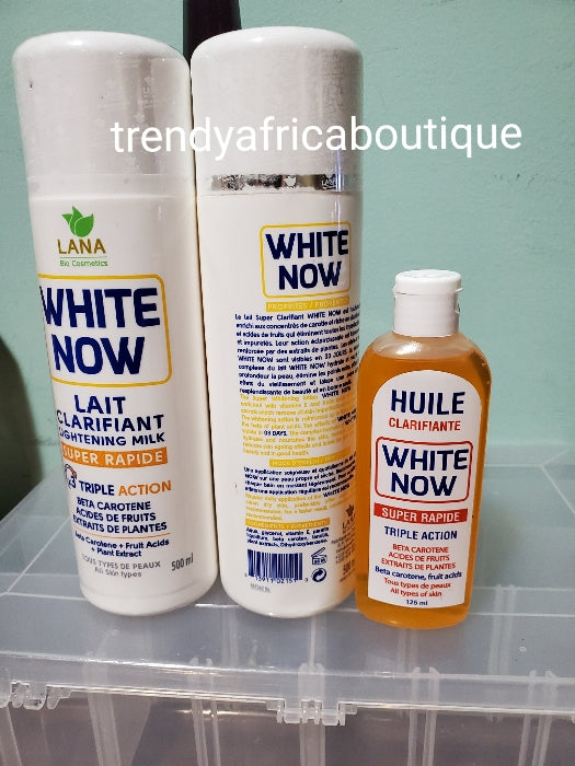 Bonus buy: White Now Lait Clarifiant triple action whitening body lotion 500ml bottl + Serum + soap. Is advisable to mix the serum thoroughly into the lotion for best results.