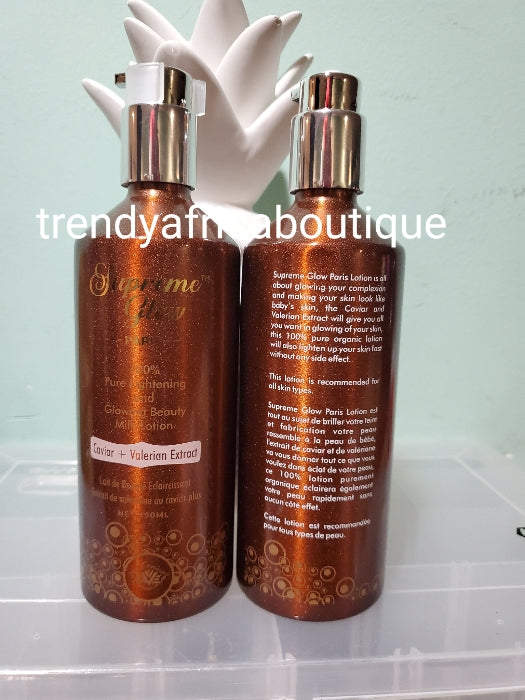 Supreme Glow Paris, reine Haut strahlende Schönheitskörperlotion. 100 % biologisch, für alle Hautfarben. mit Kaviar und Baldrian. 450 ml x 1 Flasche ANGEBOT. Für Schokoladen-/Karamellhaut.