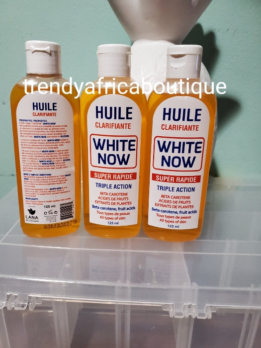 3 bottles sale: ORIGINAL White Now huile Clarifiante super Rapid, triple action serum/oil 125m x 1 bottle. Formulated with beta carotein, fruit acid for all skin types